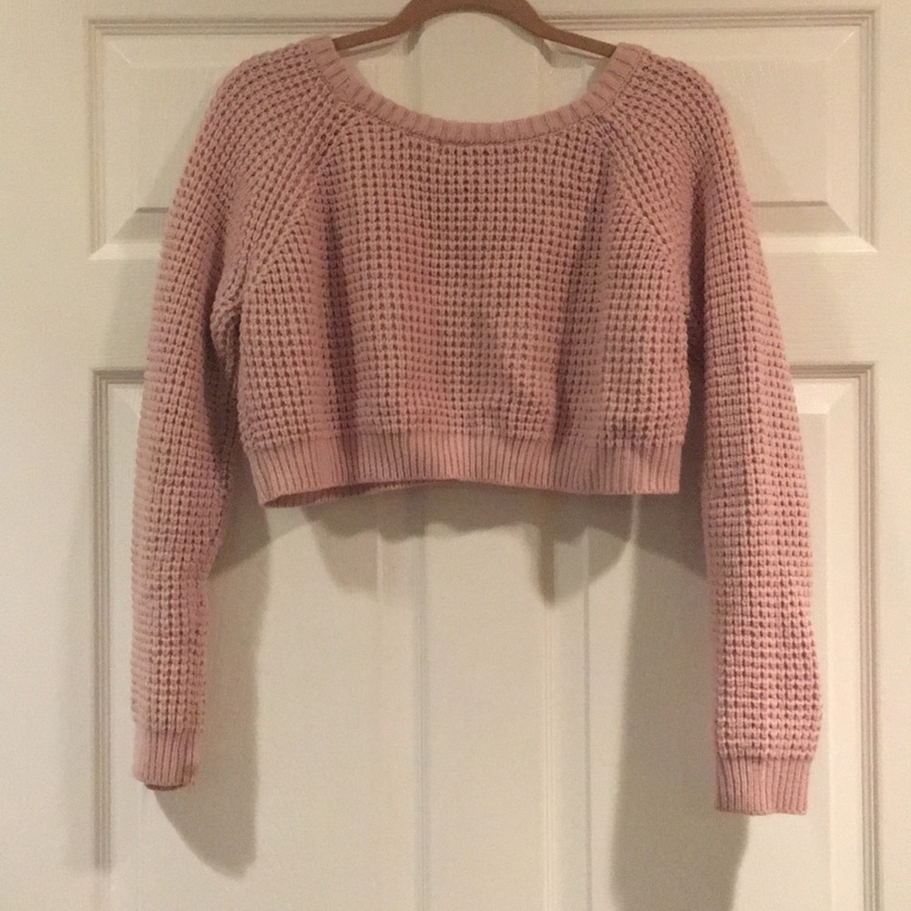 Aqua Cropped Waffle Knit Sweater Zipper Accents - Picture 2 of 5